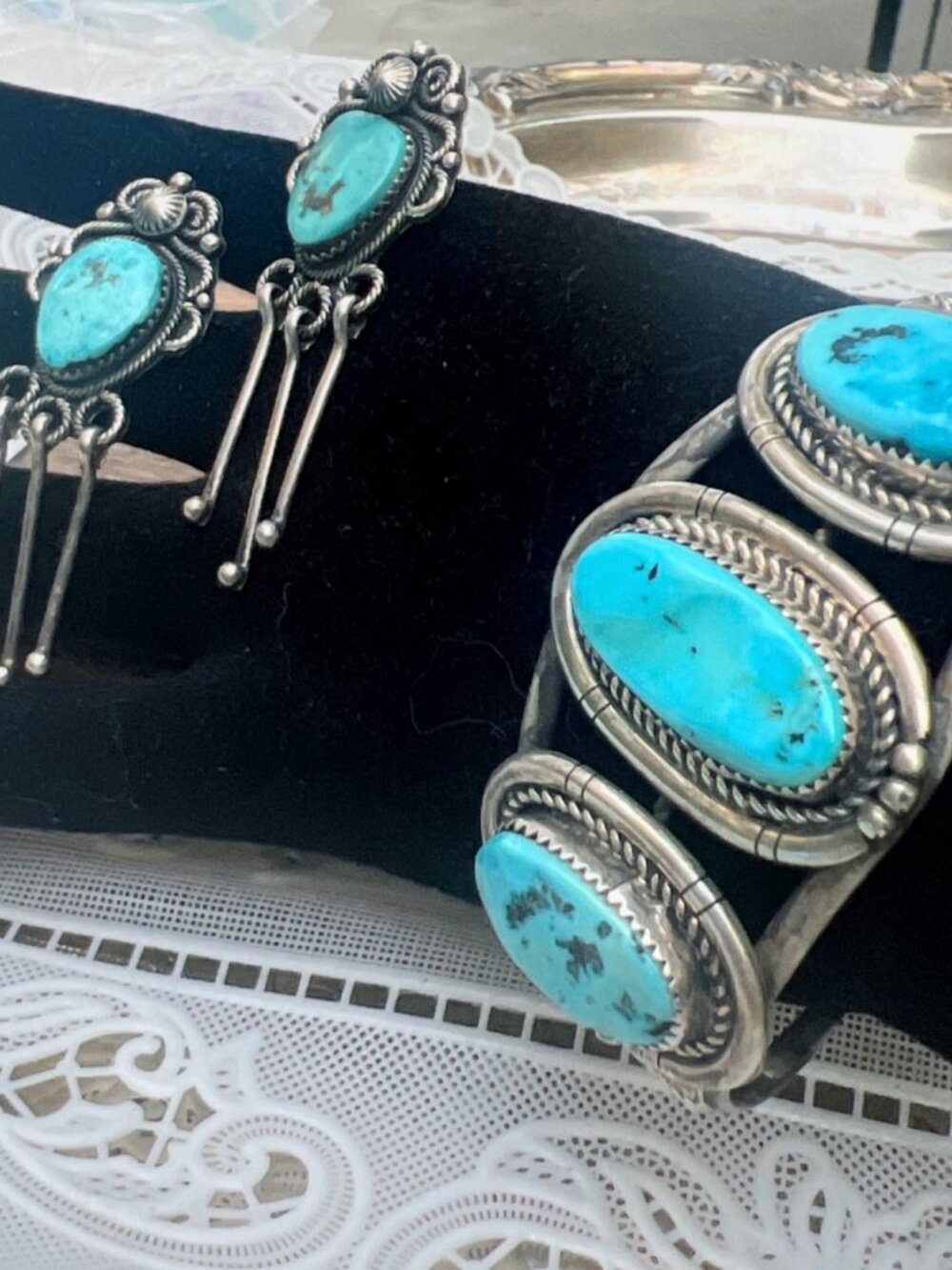 Vintage Sterling Silver Turquoise Earrings & Vintage Navajo Cuff Bracelet Set